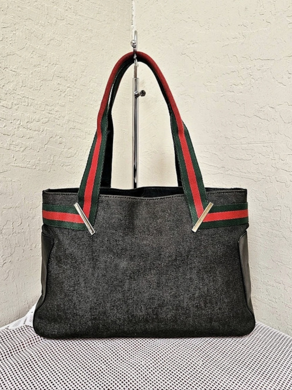 Gucci Canvas Black Denim Web Handbag Tote Bag Authentic